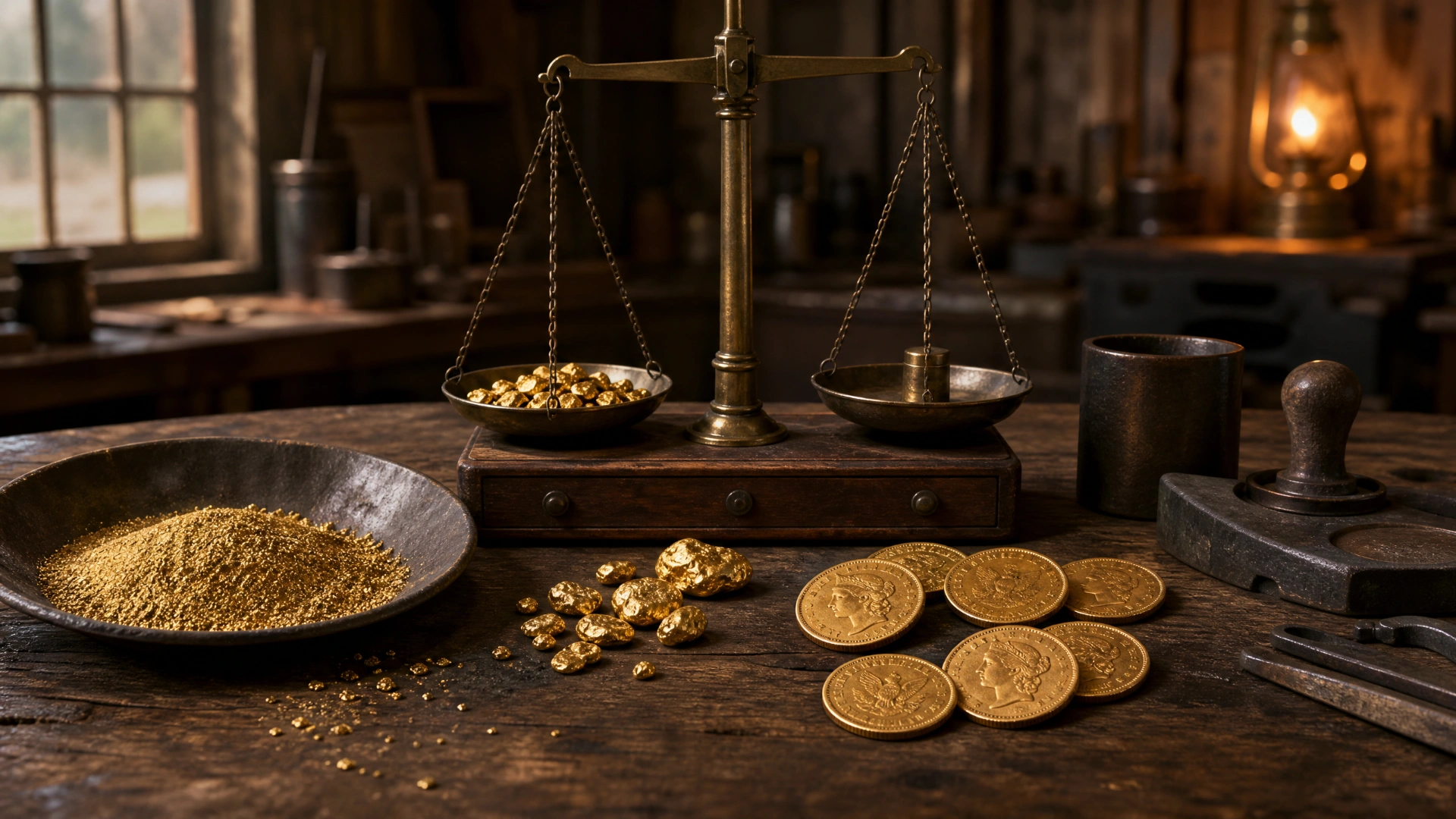 Raw gold dust and nuggets beside a balance scale, assay tools, and unbranded pioneer gold coins on a nineteenth-century workshop table