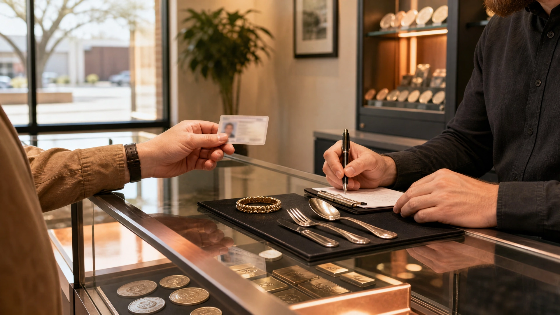 A seller presents photo identification while a dealer records a jewelry and flatware purchase at a coin shop counter
