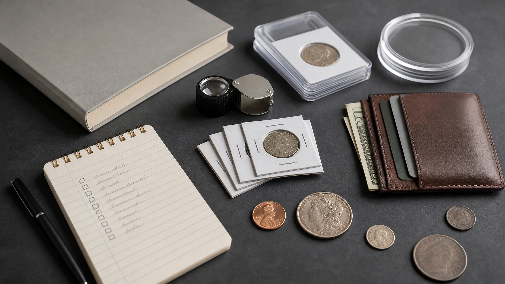 Coin-show essentials including a want list, loupe, coin holders, price guide, wallet and U.S. coins