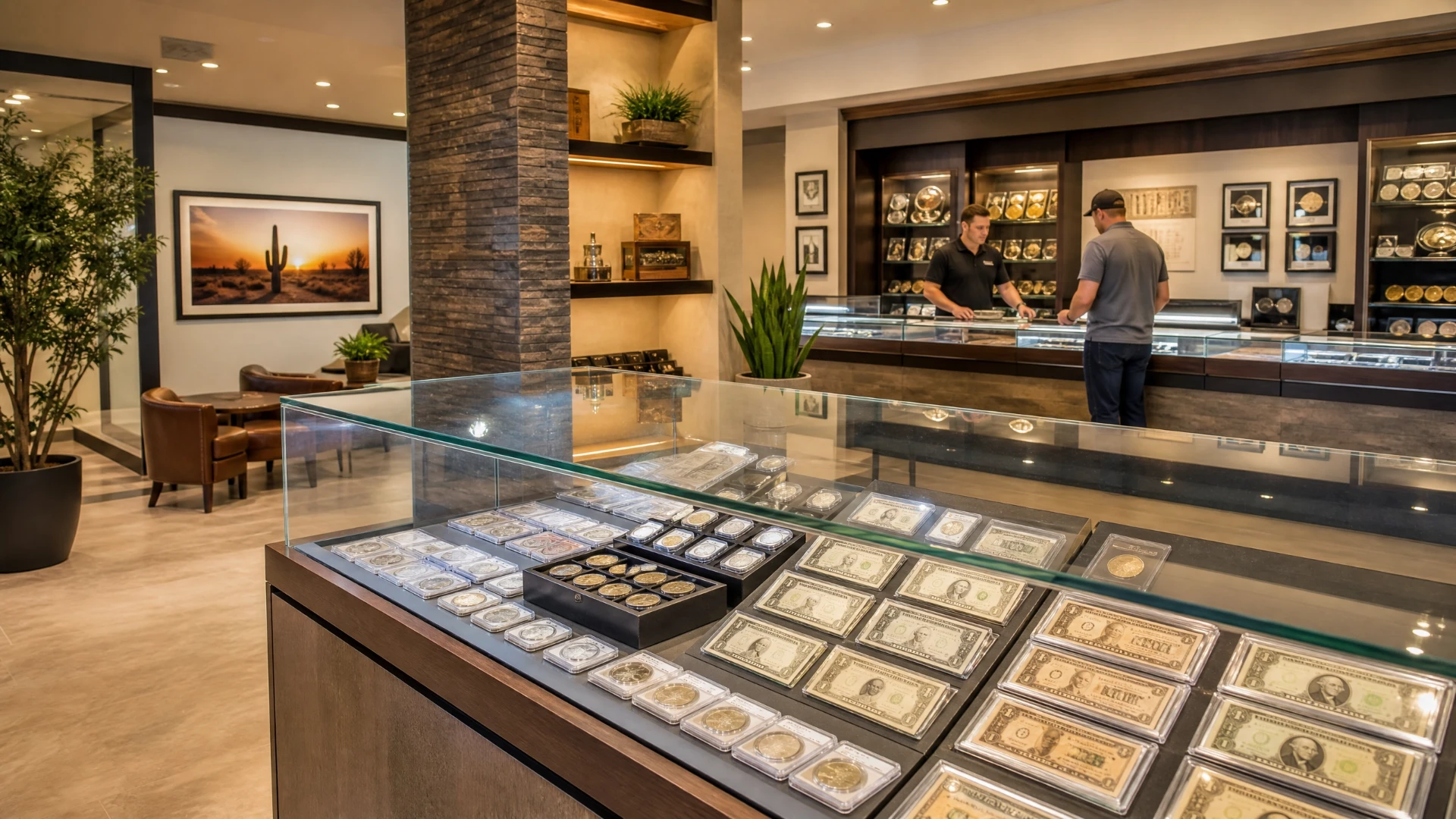 Interior of a professional numismatic shop showing display cases and staff