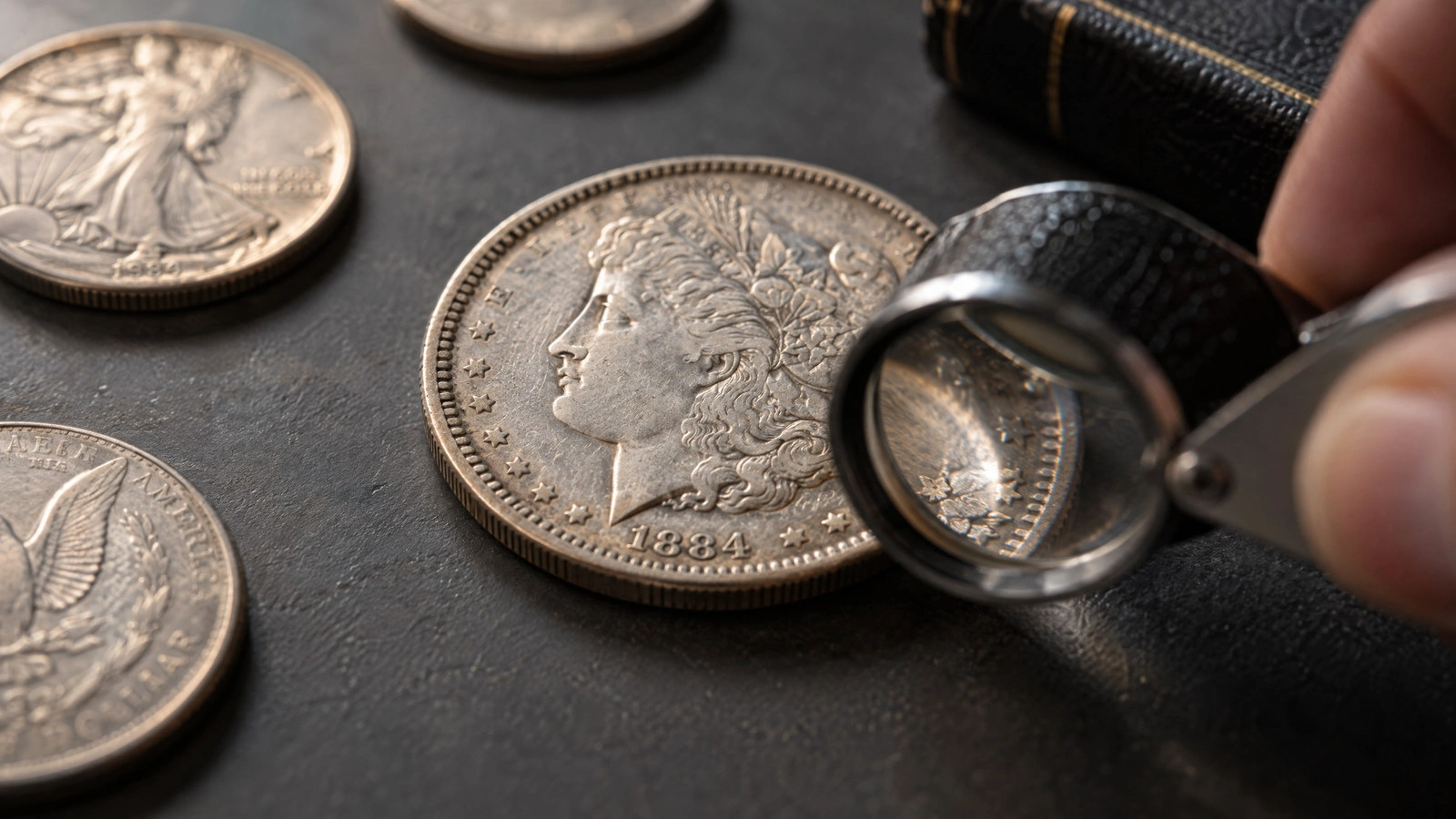 A collector examines the date and details of a silver coin with a loupe.
