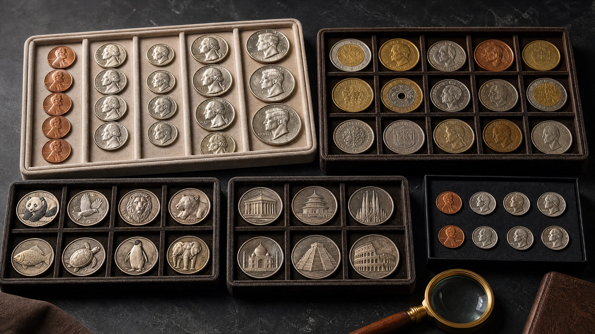 Several coin trays organized into different collecting themes, including denominations, world coins, and designs