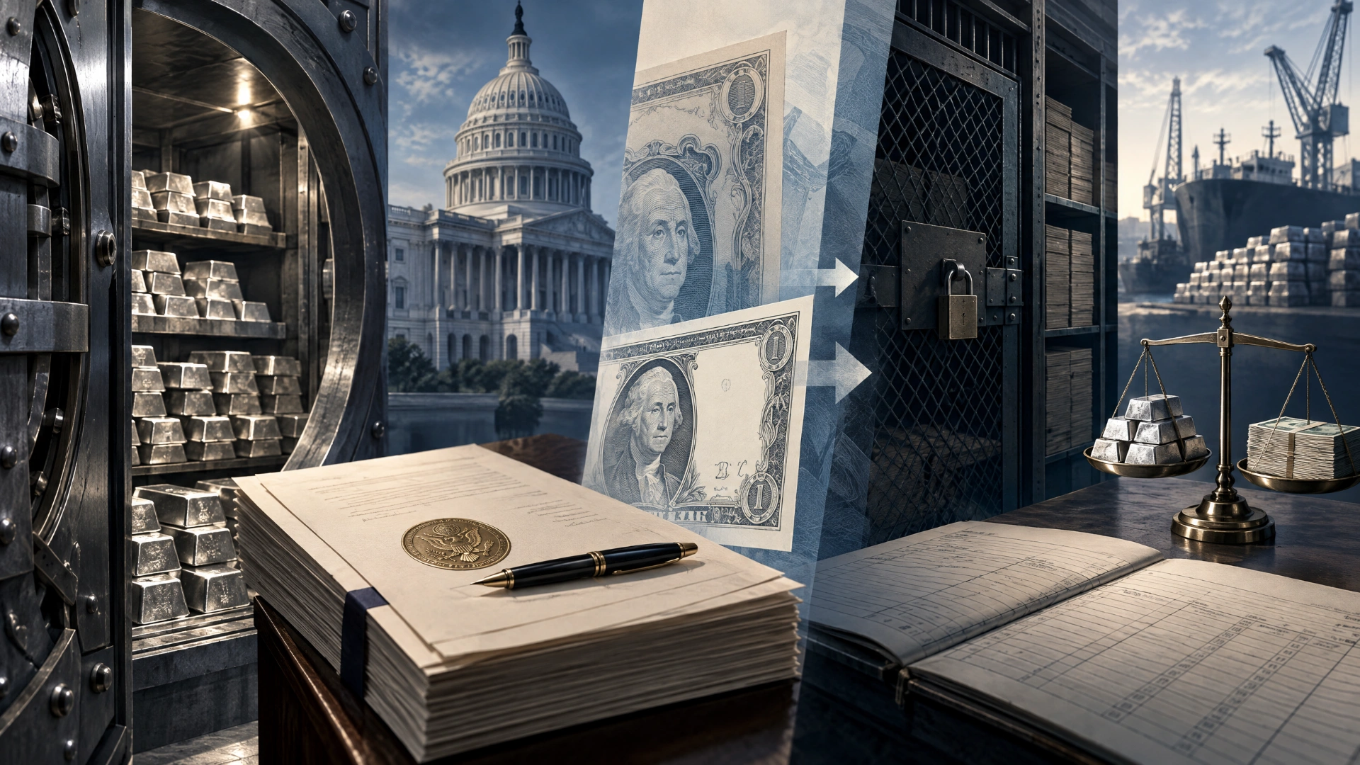 Editorial historical scene connecting Treasury silver, legislation, paper money, and bullion storage