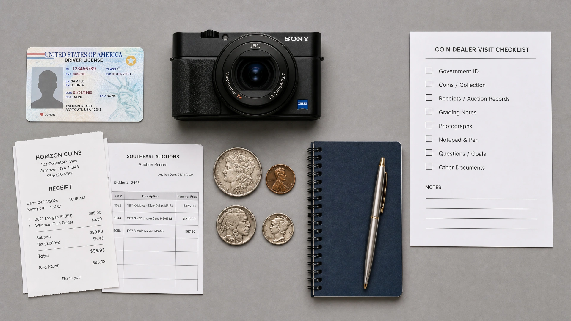 Flat-lay of preparation items: ID, camera, receipts, coins, notebook, and checklist