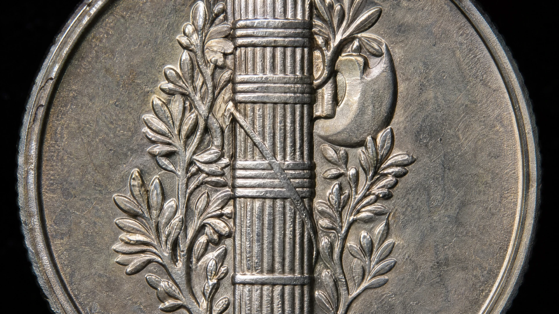 Close view of the separated bands on a Mercury dime fasces