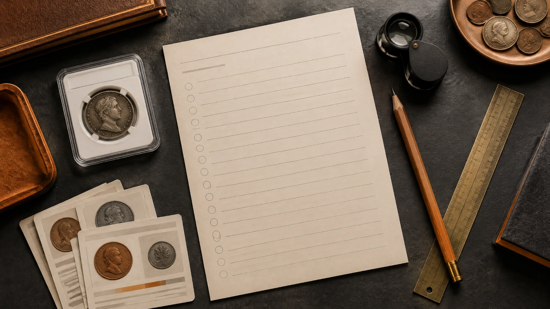 Blank coin want-list sheet beside a certified coin, loupe, pencil and ruler