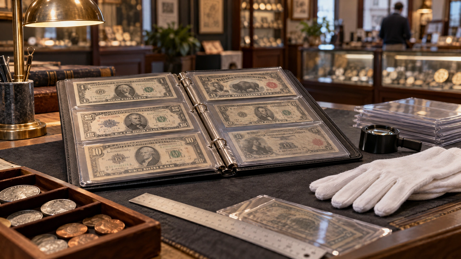 Vintage paper money being examined in a professional appraisal setting