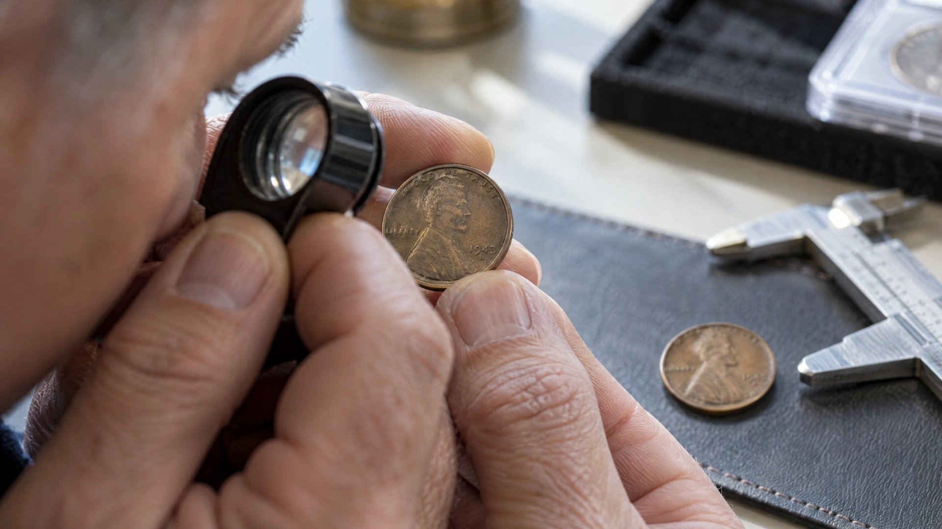 A collector examining the mint-mark area of a Lincoln wheat cent with a jeweler’s loupe