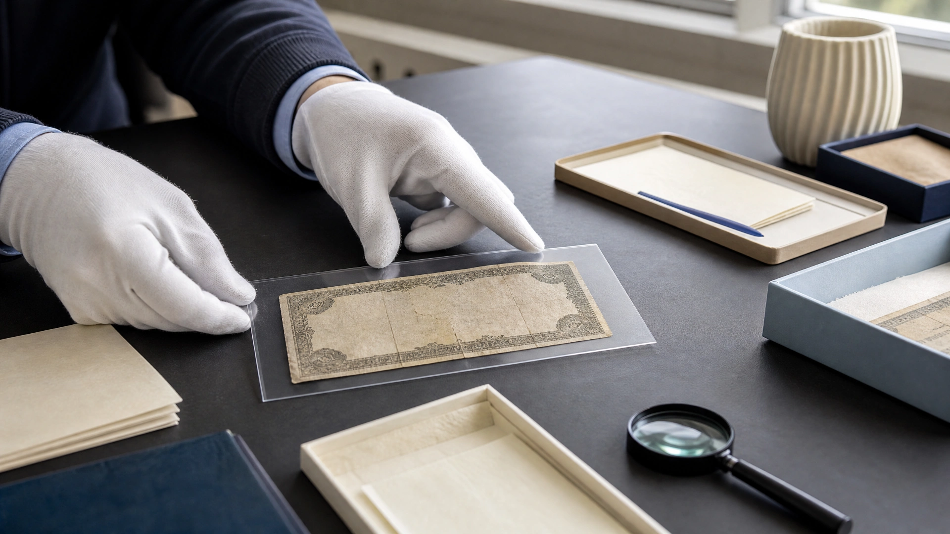 White-gloved hands placing an old banknote into an archival currency sleeve