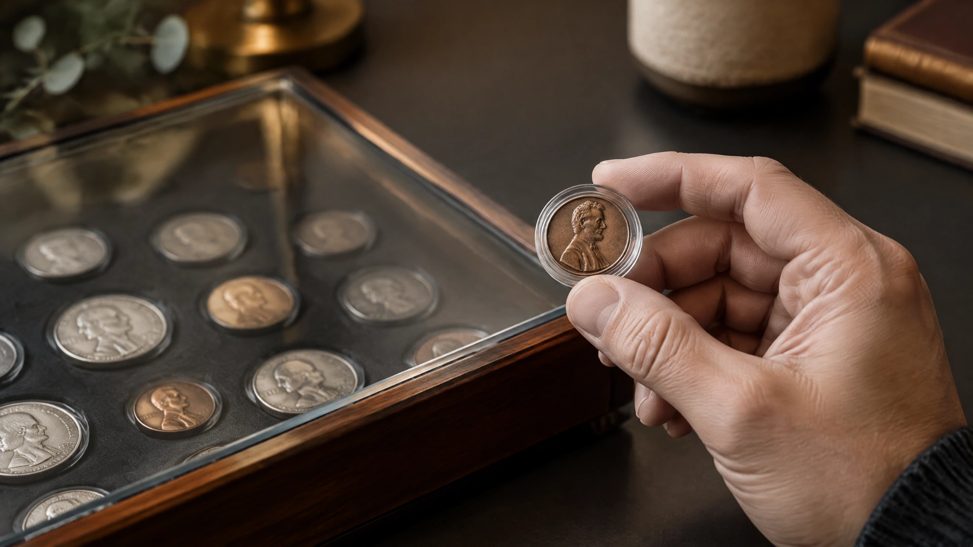 Collector examining a scarce vintage Lincoln cent beside a glass coin display case
