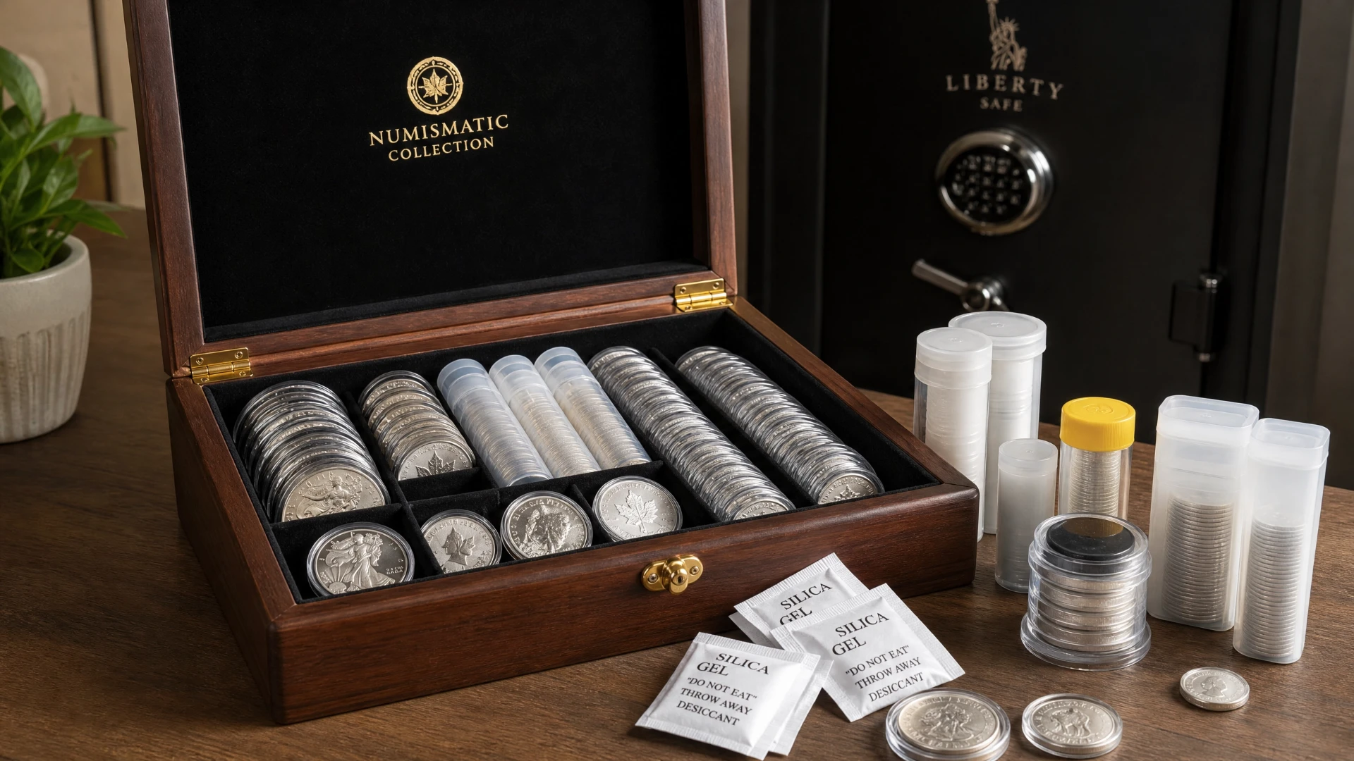 Silver coins stored in protective capsules and tubes inside a wooden display box, with silica gel packets and a small safe in the background