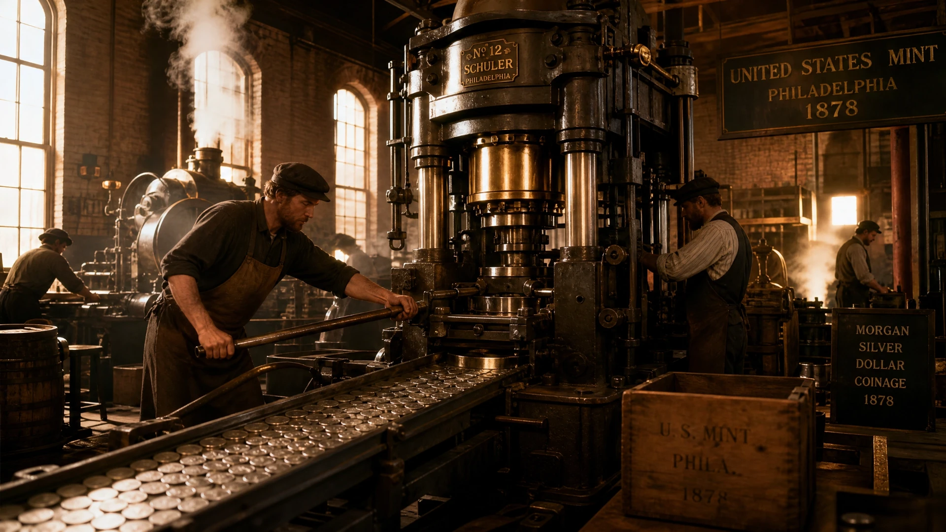 Historical coin minting scene at the United States Mint in Philadelphia, 1878, showing a steam-powered press striking Morgan silver dollars