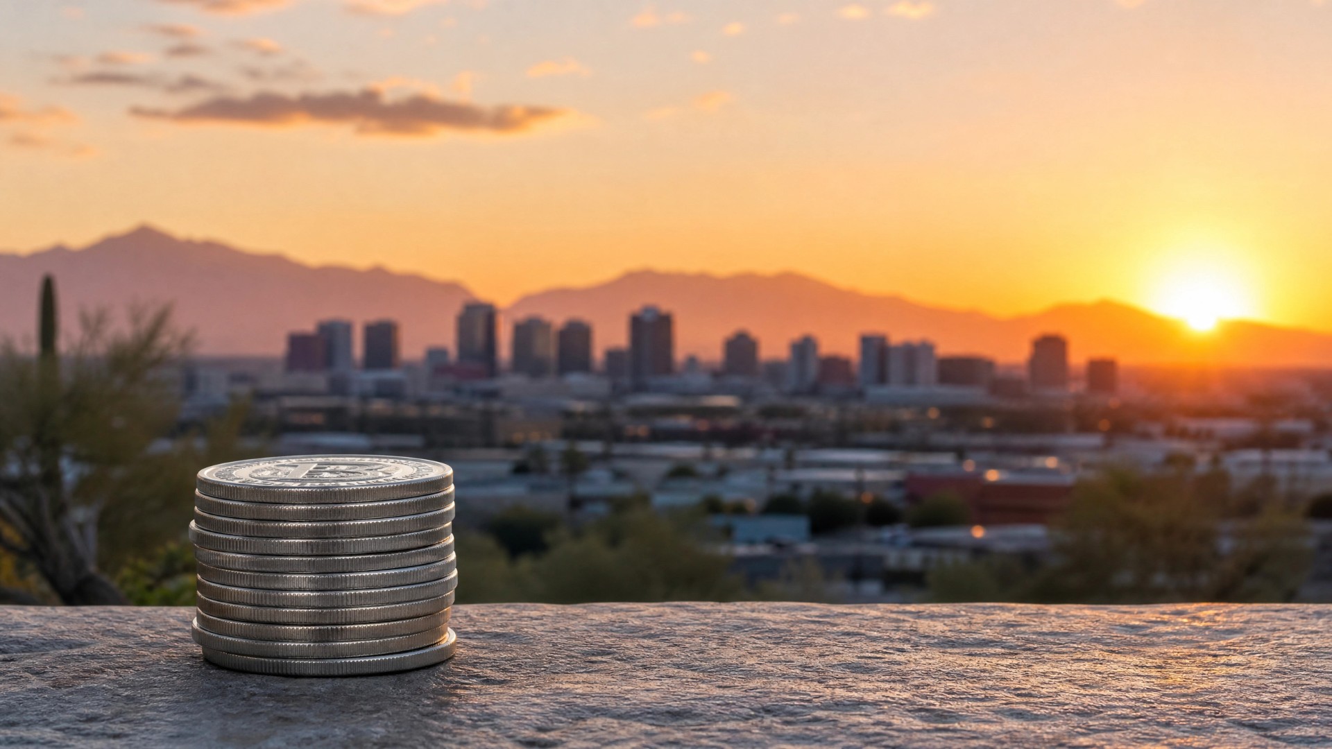 Phoenix skyline at sunset with silver coins in foreground