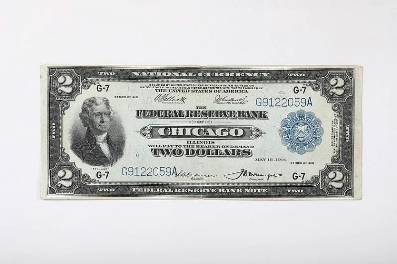 Front of a Series 1918 two-dollar Federal Reserve Bank Note issued by the Federal Reserve Bank of Chicago.