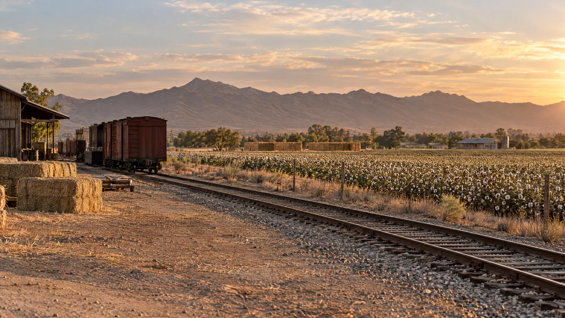 Early Arizona East Valley agricultural fields and a railroad siding beneath desert mountains