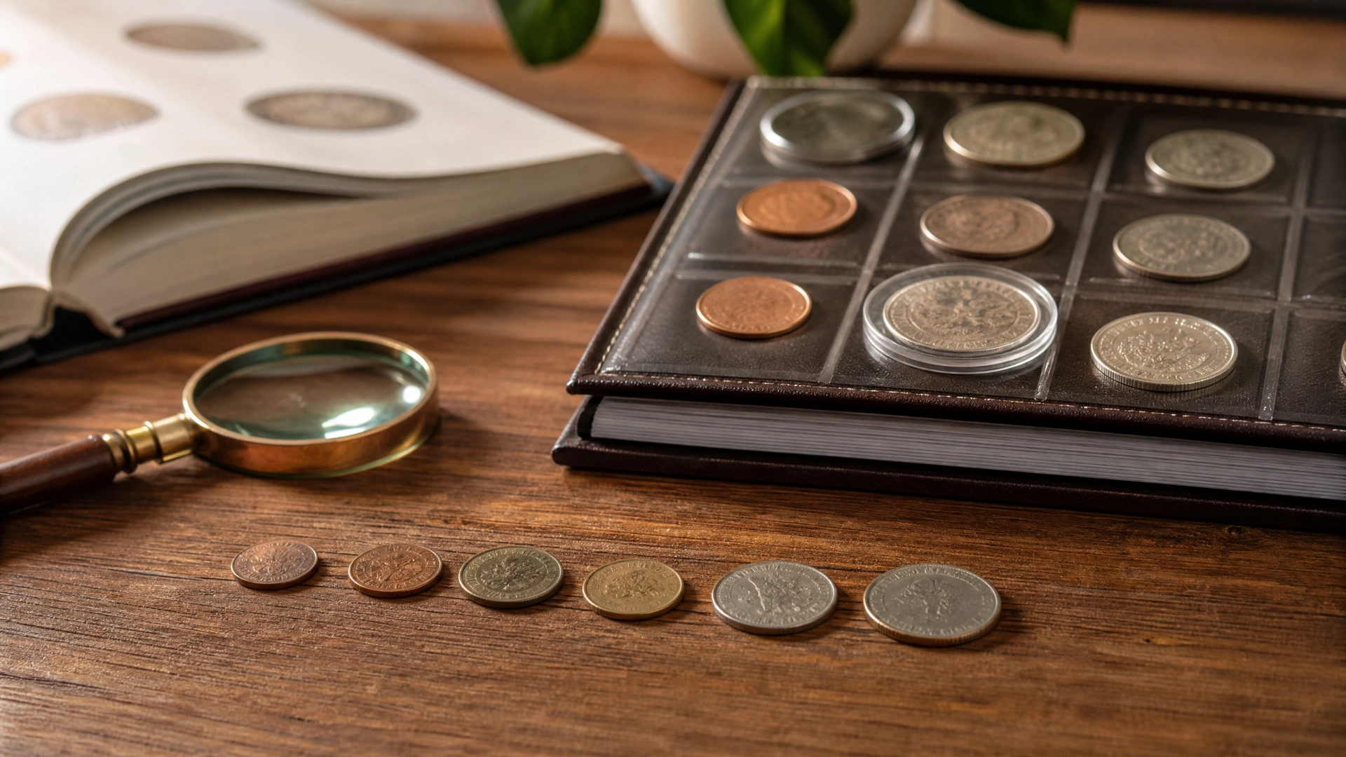 A small coin collection progressing from loose circulated coins to an organized album and selected higher-quality pieces