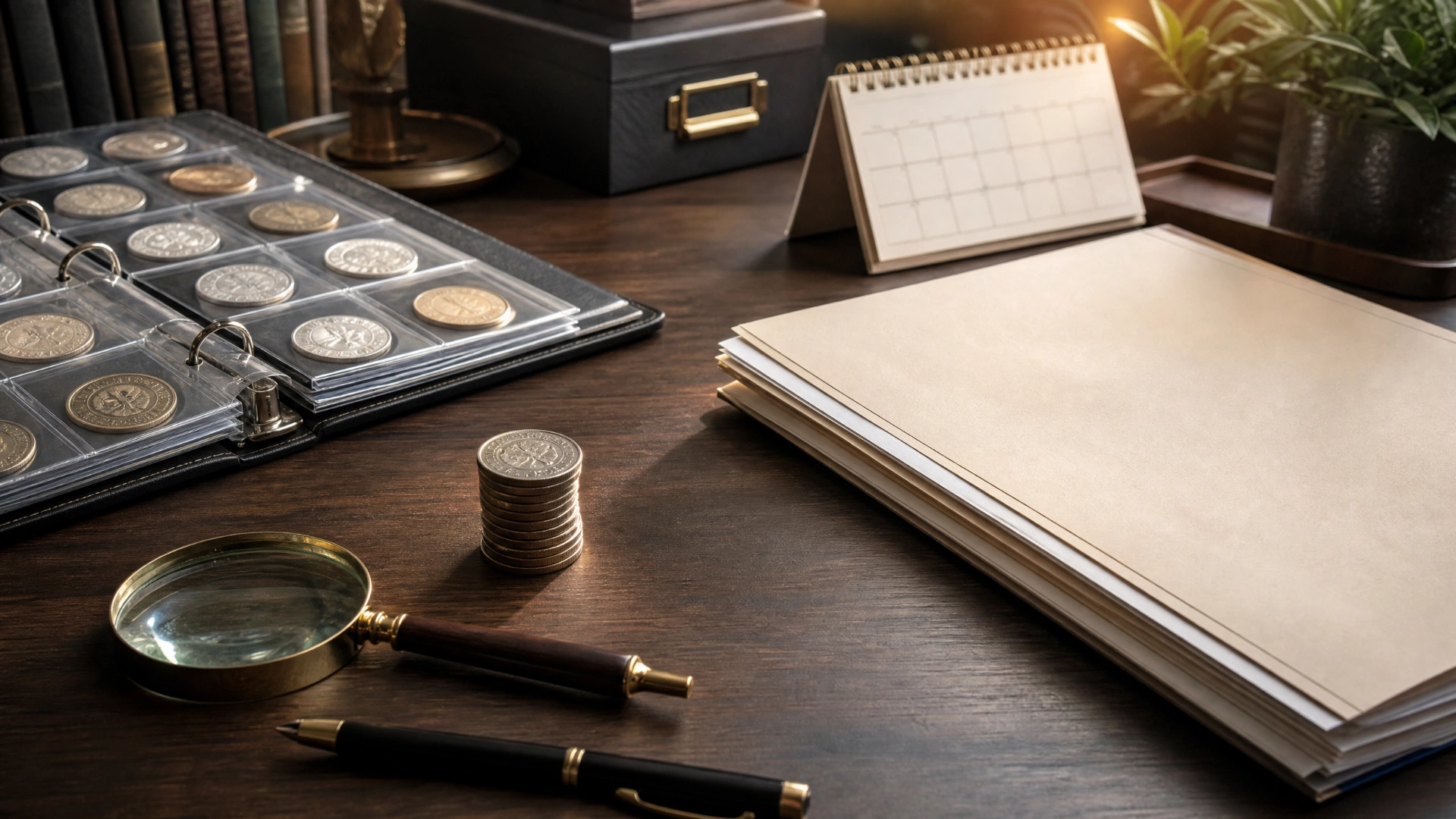 Coin collection and appraisal paperwork arranged on a desk