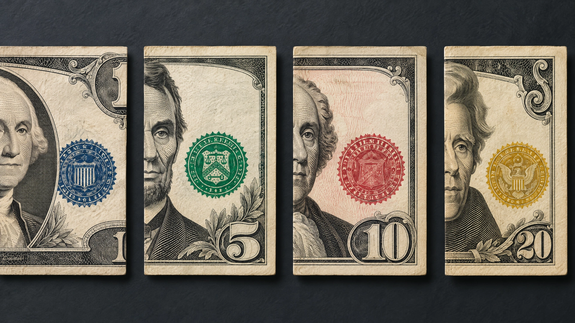 Four vintage note details showing blue, green, red, and gold seal colors