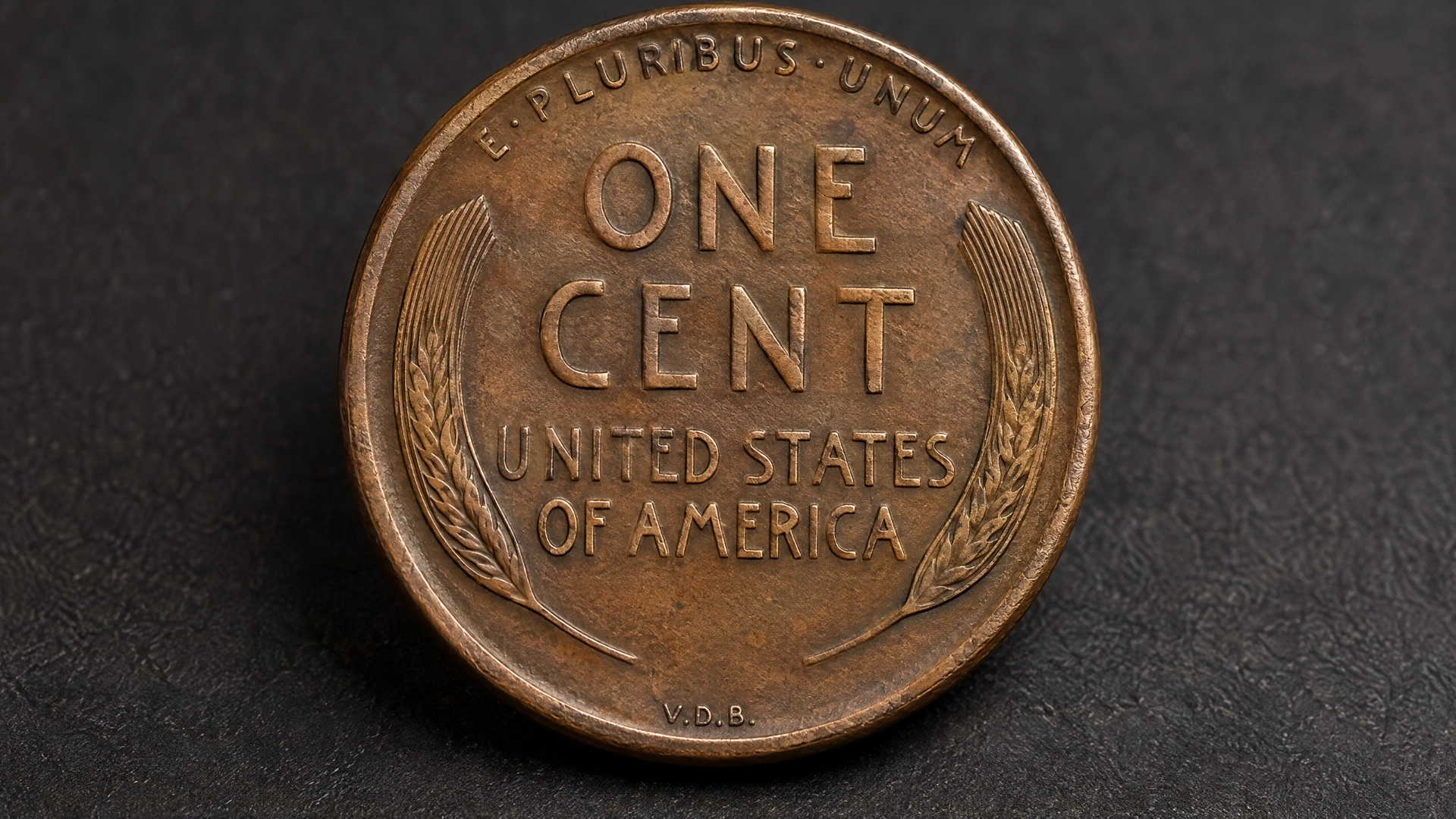Reverse of an early Lincoln wheat cent showing the wheat-ear design and V.D.B. initials at the bottom rim