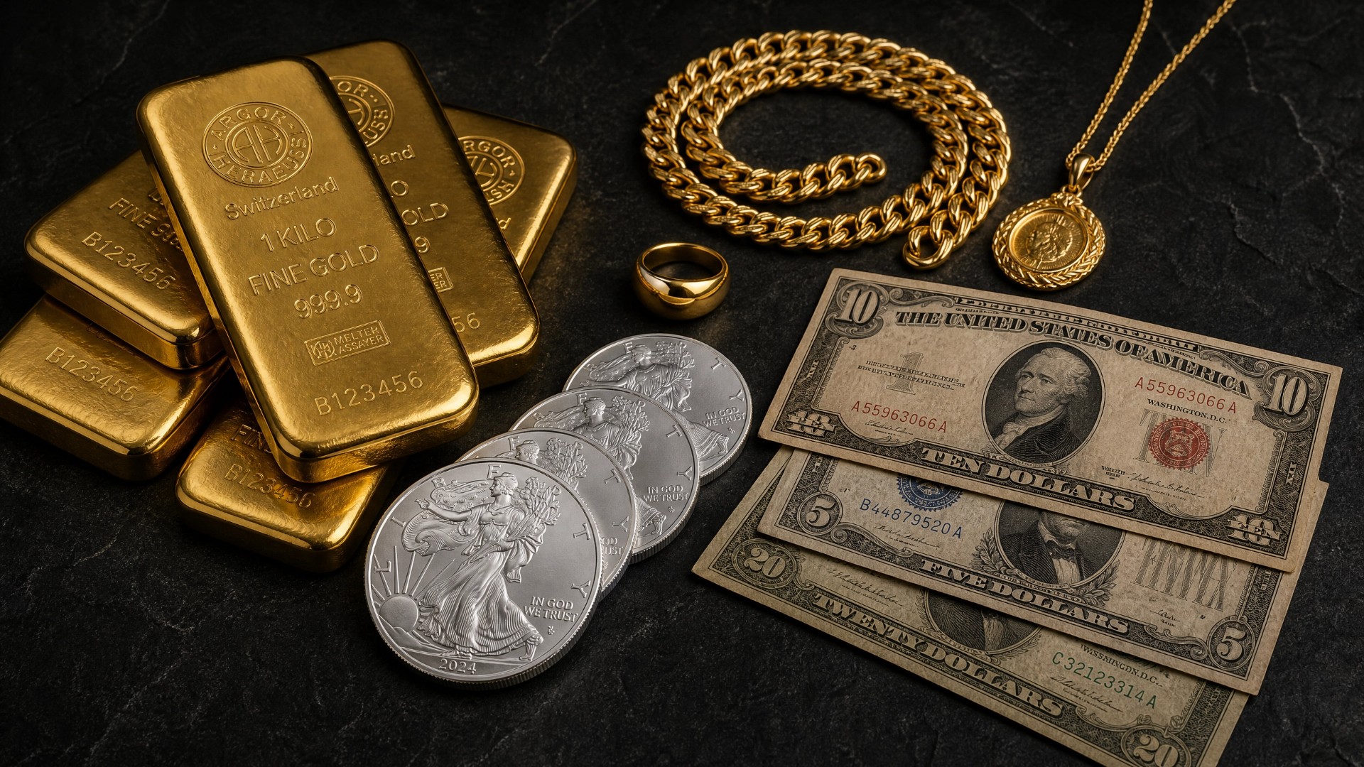 Collection of gold bars, silver coins, and paper money with Copper State logo