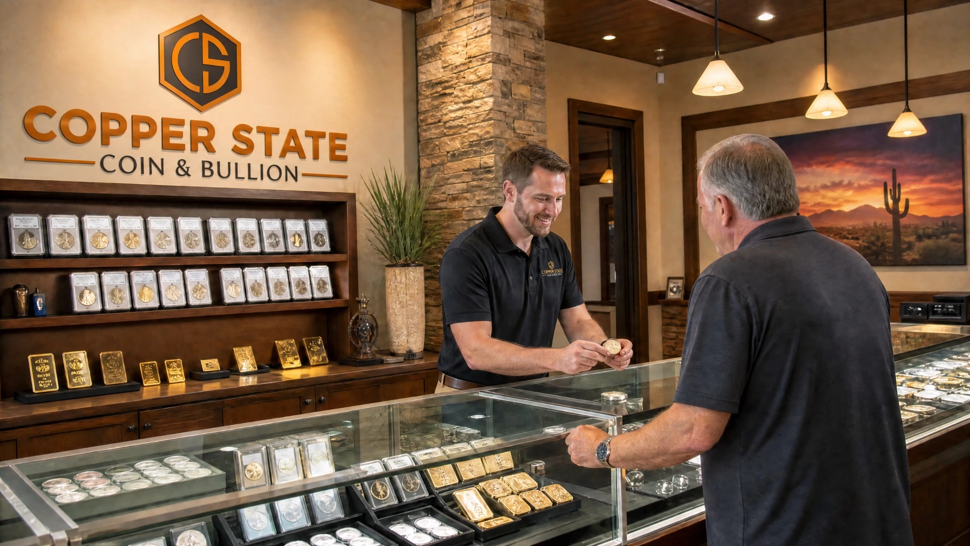 Professional coin and bullion shop interior with warm lighting, glass display cases, and a staff member assisting a customer