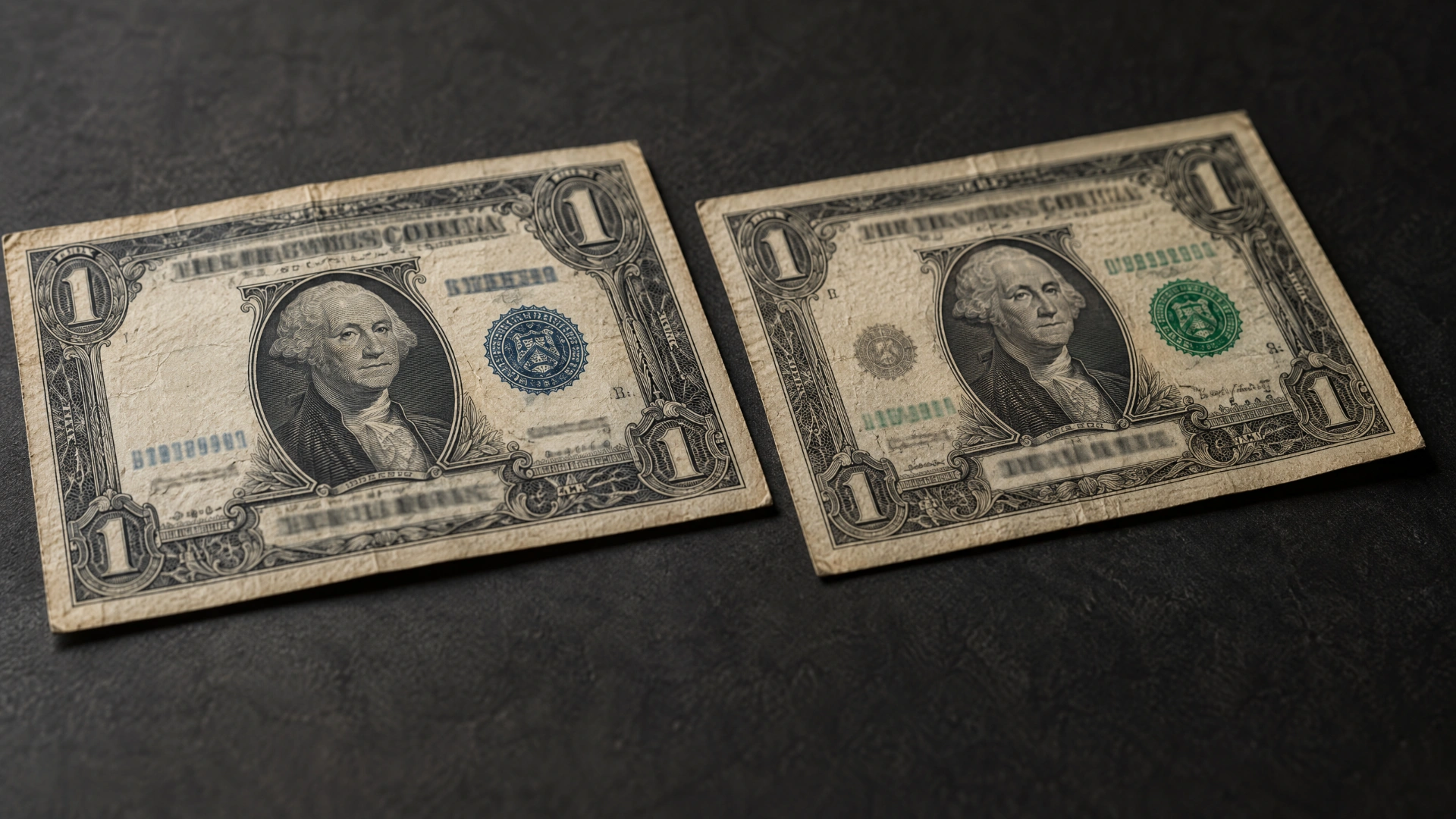 Side-by-side comparison of a blue-seal silver certificate and a green-seal Federal Reserve note