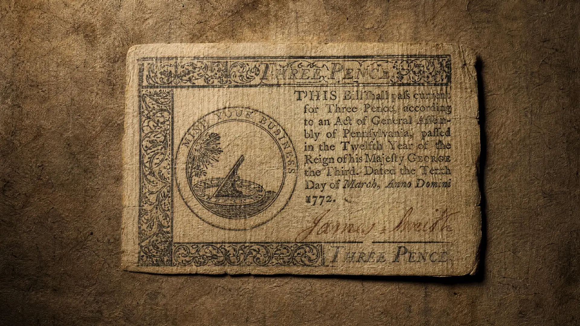 Authentic 18th-century Colonial banknote showing unique early typography
