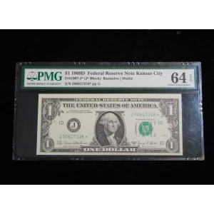 $1 1969-D. Green seal. Small Size $1 Federal Reserve Notes 1907-J*