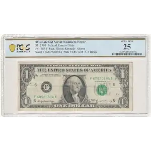 $1 1969 Green seal. Small Size $1 Federal Reserve Notes 1903-F (2)