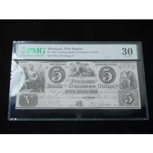 1838 $5 Farmers Bank Flint Rapids Michigan Obsolete Currency - PMG 30