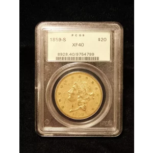 1859-S $20 Liberty Head Gold Double Eagle - PCGS XF40 OGH