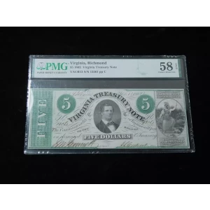 1862 $5 Virginia Treasury Note - Obsolete Paper Currency - PMG 58 EPQ