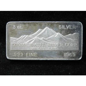 1969 Consolidated Silver Corp 3 oz .999 Silver Bar Walla Walla Washington  (4)