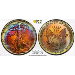 1987 $1 American Silver Eagle - PCGS MS66+ Rainbow Toned 