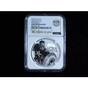 2019 $1 Tuvalu Marvel Captain America 1 oz .999 Silver Coin – NGC GEM Uncirculated (7K Edition)
Celebrate an American icon with this 2019 Tuvalu $1 Captain America silver coin! Struck in 1 oz of .999 fine silver by the Perth Mint, this officially licensed
