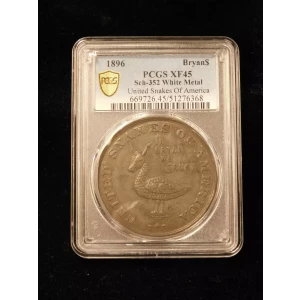 ✅ Date: 1896
✅ Denomination: $1 (Bryan Dollar)
✅ Type: Satirical / Political Parody Coin
✅ Catalog Reference: SCH-352
✅ Grading Service: PCGS
✅ Grade: XF45 (Extremely Fine)
✅ Condition: Well-preserved with sharp details and minimal wear