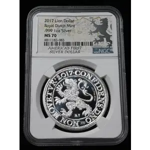 2017 Lion Dollar Royal Dutch Mint 1 oz .999 Silver Coin - NGC MS70 Americas 1st Dollar