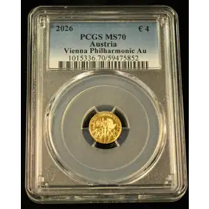 2026 $4 Austria Gold Philharmonic 1/25th .999 Fine Gold - PCGS MS70